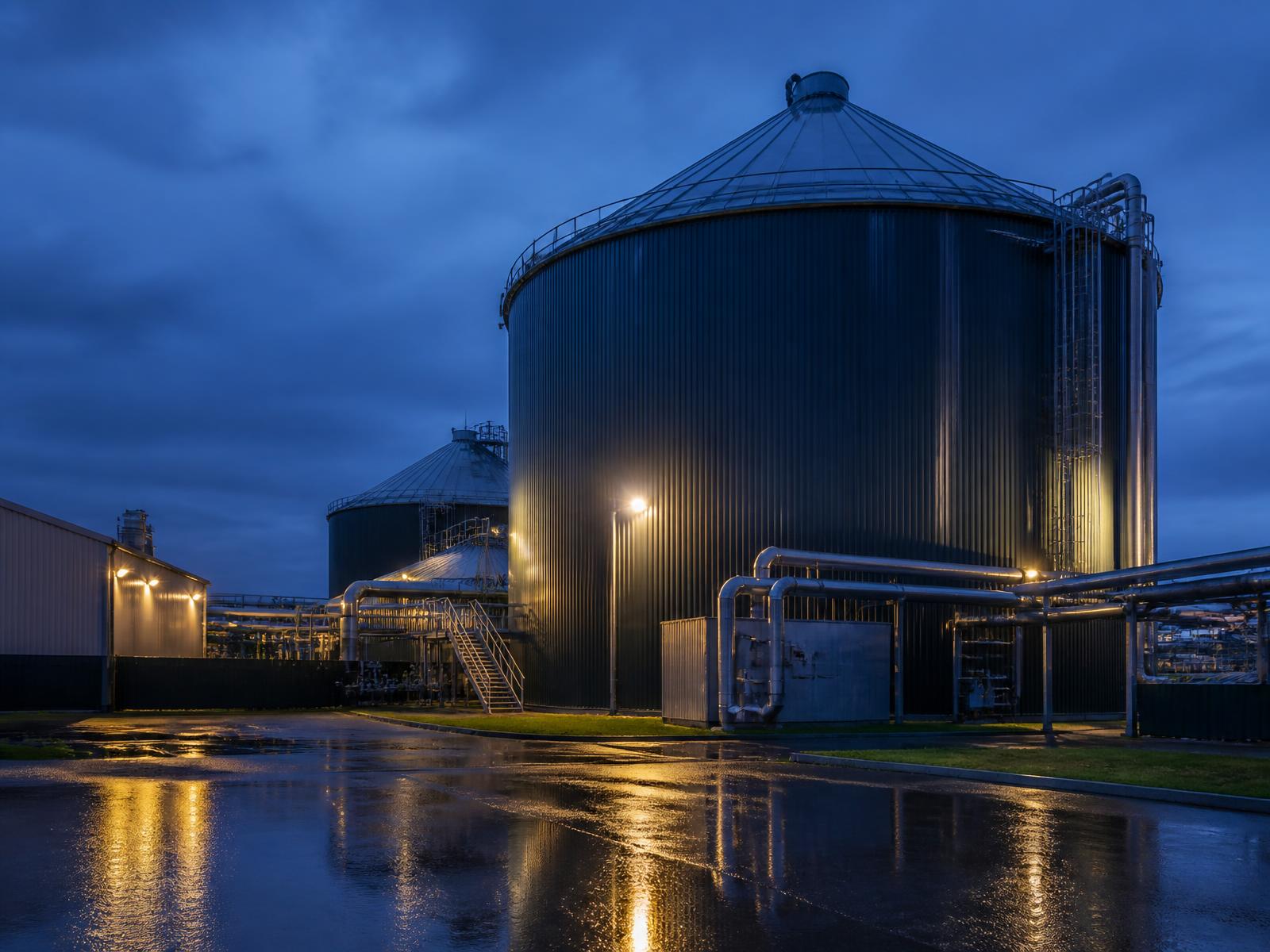 Anaerobic digester infrastructure at blue hour